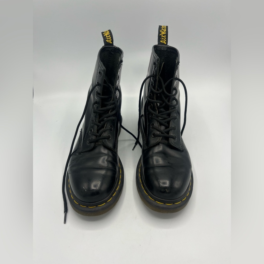 Dr. Martens Black Leather Boots with Yellow Stitching - Picture 1 of 8